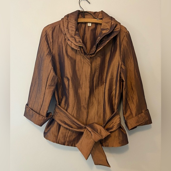 Puli Women’s M Jacket Brown Ruched Collar Roll Tab Sleeves - Picture 1 of 9